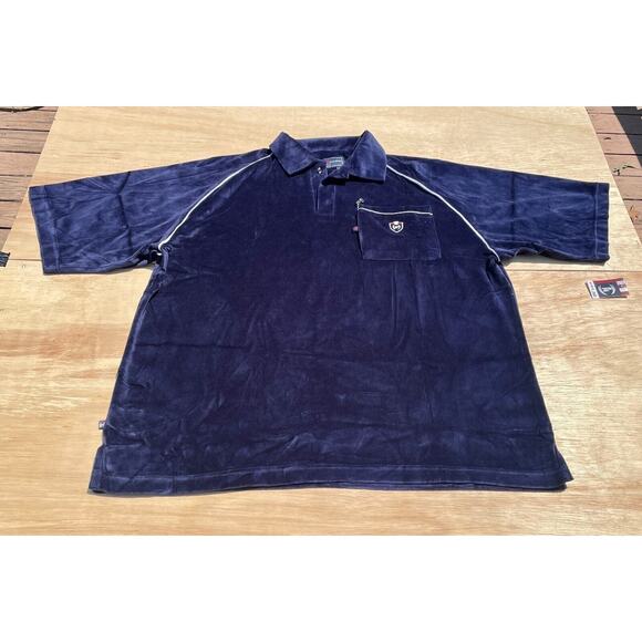 VINTAGE PHAT FARM Velour Polo Shirt Short Sleeve Collared Men Navy Blue SIZE 2XL - Picture 1 of 11